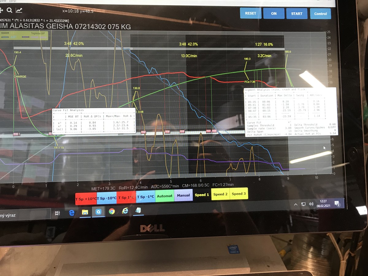 Artisan roasting software showing roast curves and custom burner controls used with the Probat UG22