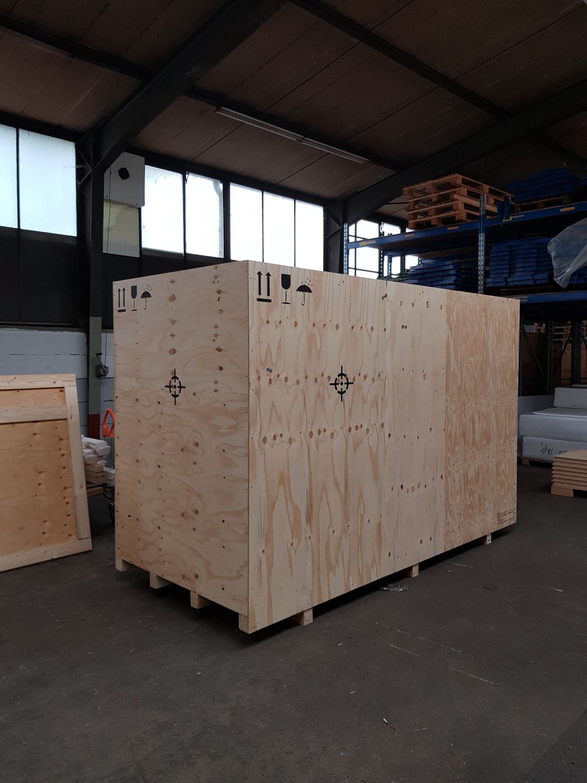 Probat UG22 professionally packed in a wooden shipping crate after refurbishment