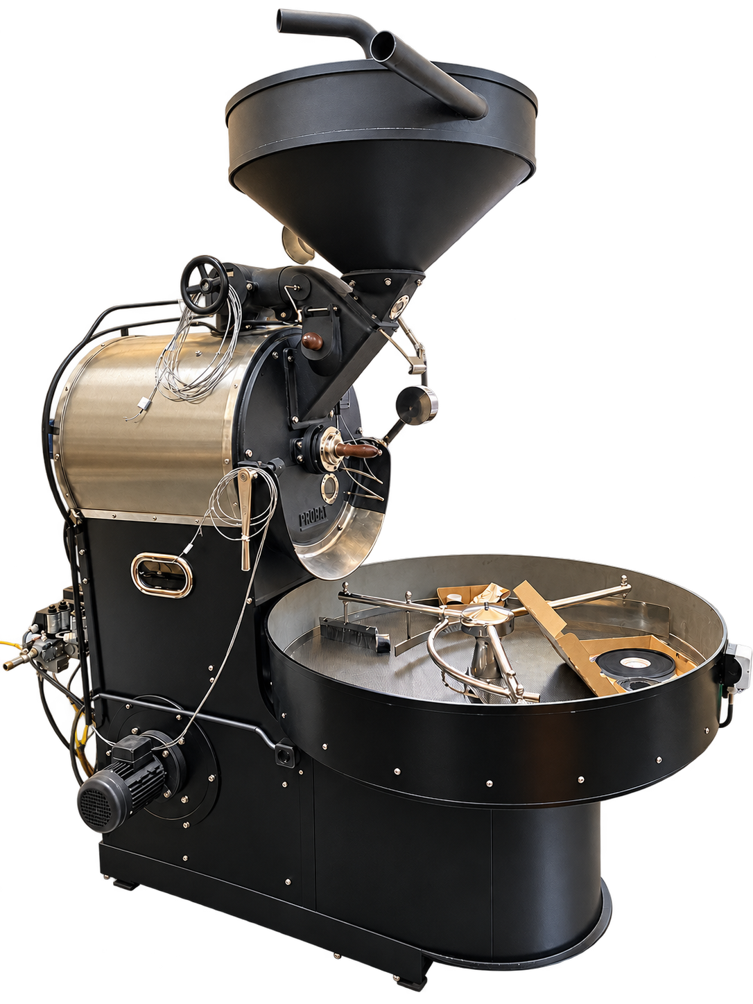 Used Probat UG22 coffee roaster, refurbished in 2024, with black finish and stainless steel drum housing